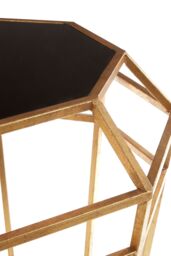 Orsina Geomatric Drum Shaped Table, Stylish Small Table With Octagonal Black Glass Top, Gold Prismatic Side Table - thumbnail 3