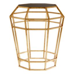 Orsina Geomatric Drum Shaped Table, Stylish Small Table With Octagonal Black Glass Top, Gold Prismatic Side Table