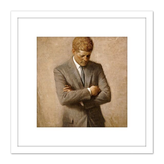 Artery8 Shikler Portrait US President John Kennedy JFK 8X8 Inch Square Wooden Framed Wall Art Print Picture with Mount in White - image 1