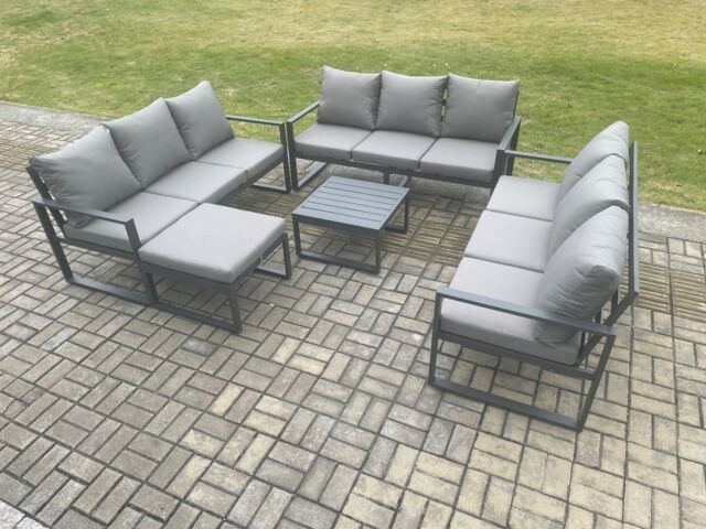 Fimous Aluminium 10 Seater Outdoor Garden Furniture Set Patio Lounge Sofa with Square Coffee Table Big Footstool Conservatory Set Dark Grey - image 1