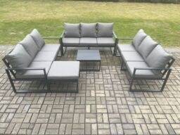 Fimous Aluminium 10 Seater Outdoor Garden Furniture Set Patio Lounge Sofa with Square Coffee Table Big Footstool Conservatory Set Dark Grey - thumbnail 2