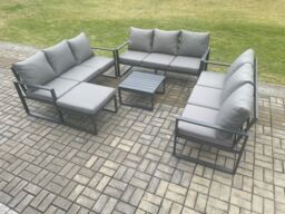 Fimous Aluminium 10 Seater Outdoor Garden Furniture Set Patio Lounge Sofa with Square Coffee Table Big Footstool Conservatory Set Dark Grey - thumbnail 1