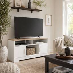 Wyld Haus Tadori 105cm White & Wood TV Console 2 Doors Open Shelves - thumbnail 1
