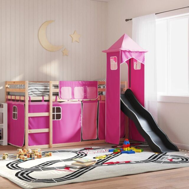 Berkfield Home Bunk Bed without Mattress with Slide & Curtains Pink 90x190 cm Single - image 1