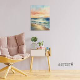 "Artery8 Serene Seashore Sunset Seascape Canvas Wall Art Print in Blue - Size: W24"" x H32""" - thumbnail 3