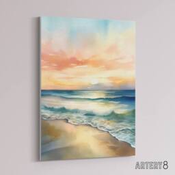 "Artery8 Serene Seashore Sunset Seascape Canvas Wall Art Print in Blue - Size: W24"" x H32""" - thumbnail 2