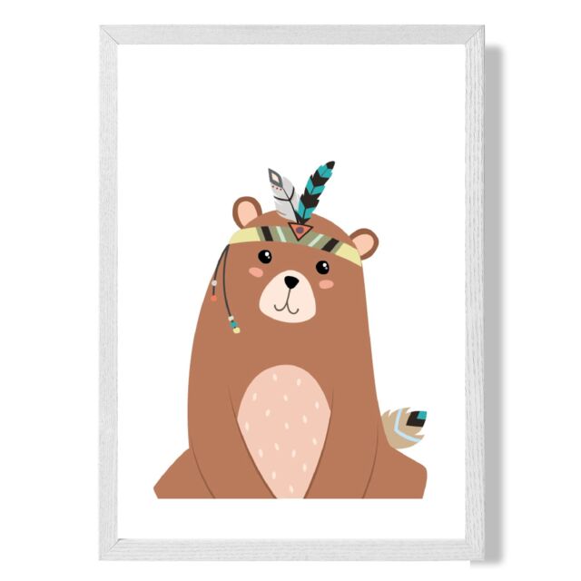 ARTZE Sitting Bear Tribal Animal Framed Print SIZE: A2 with White Frame in Brown - Size: A4 - image 1