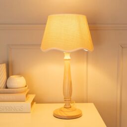 ValueLights Victoria Light Wood Table Lamp with Linen Scallop Trim Tapered Shade & Bulb in White