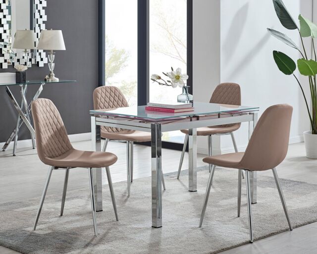 FurnitureboxUK Enna White Glass Extending 4-6 Seater Dining Table & 4 Corona Faux Leather Chairs in Beige - image 1
