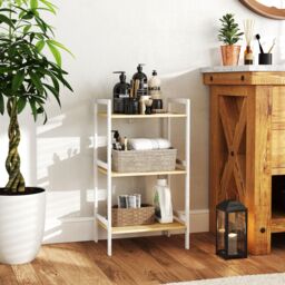 HOMCOM 3-Tier Bamboo Bathroom Storage Shelf with Adjustable Rack in White - thumbnail 1