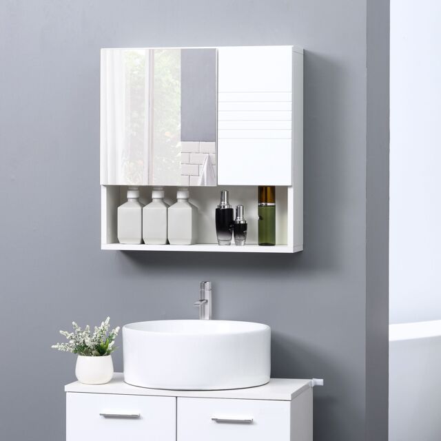 Kleankin Bathroom Wall Mounted Mirror Cabinet with Double Door Adjustable in White - image 1