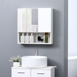 Kleankin Bathroom Wall Mounted Mirror Cabinet with Double Door Adjustable in White - thumbnail 1