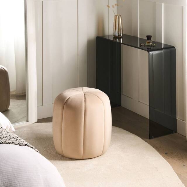 Wyld and Coco Beige Velvet Round Pouffe - Versatile Footstool and Extra Seat - image 1