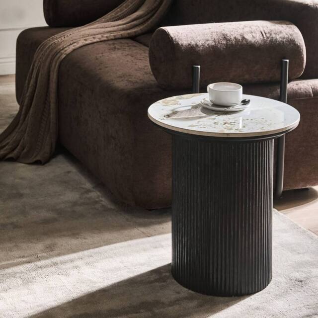 Wyld and Coco Side Table 45 cm White Marble Pattern Ceramic Top Ribbed Black - image 1