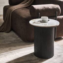 Wyld and Coco Side Table 45 cm White Marble Pattern Ceramic Top Ribbed Black - thumbnail 1