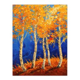 "Artery8 Bright Autumn Birch Trees Forest Oil Painting Wall Art Print in Orange - Size: W24"" x H32""" - thumbnail 1