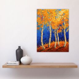 "Artery8 Bright Autumn Birch Trees Forest Oil Painting Wall Art Print in Orange - Size: W24"" x H32""" - thumbnail 4