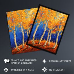 "Artery8 Bright Autumn Birch Trees Forest Oil Painting Wall Art Print in Orange - Size: W24"" x H32""" - thumbnail 2
