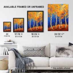 "Artery8 Bright Autumn Birch Trees Forest Oil Painting Wall Art Print in Orange - Size: W24"" x H32""" - thumbnail 3