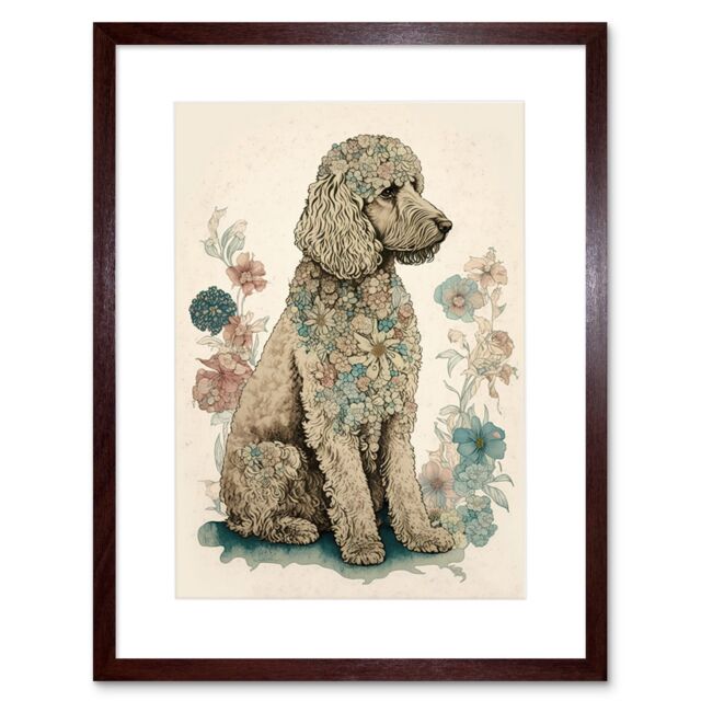 "Artery8 Wall Art Print Poodle Dog with Flower Fur Coat Modern Boho Watercolour Artwork Framed 9X7 Inch in Brown - Size: W7"" x H9""" - image 1