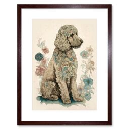 "Artery8 Wall Art Print Poodle Dog with Flower Fur Coat Modern Boho Watercolour Artwork Framed 9X7 Inch in Brown - Size: W7"" x H9""" - thumbnail 1