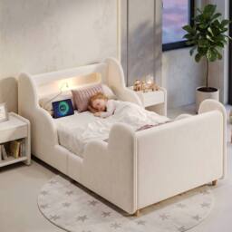 Matteo Beige Velvet Toddler Bed with LED Headboard & Safety Rails - Single - thumbnail 4