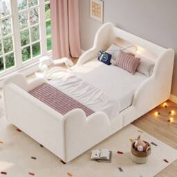 Matteo Beige Velvet Toddler Bed with LED Headboard & Safety Rails - Single - thumbnail 2