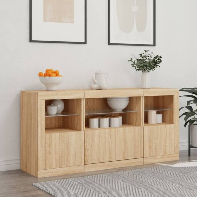 Berkfield Home Sideboard with LED Lights Sonoma Oak 142.5x37x67 cm in Tan - image 1