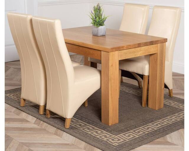 Thats Furniture Dakot 127 x 82cm Oak Small Dining Table & 4 Lola Leather Chairs in Cream - Size: 127 x 82 cm - image 1