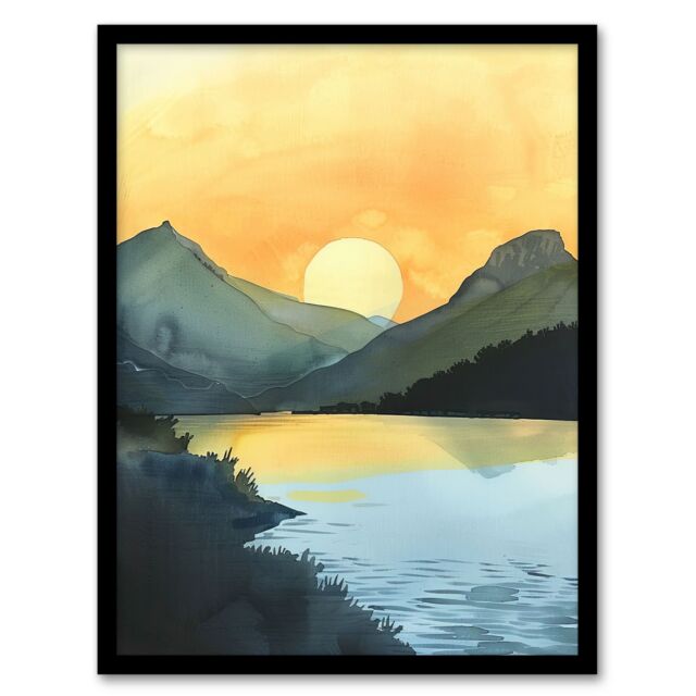 Artery8 Redfish Lake Mountain Landscape Lakeside Sunrise Framed Wall Art in Yellow - Size: A4 - image 1