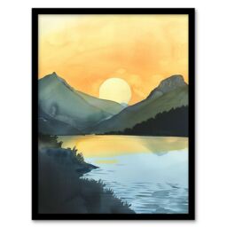 Artery8 Redfish Lake Mountain Landscape Lakeside Sunrise Framed Wall Art in Yellow - Size: A4 - thumbnail 1