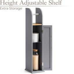 Christow Toilet Roll Holder Cabinet Freestanding Grey Bamboo Wood Bathroom Unit - thumbnail 3