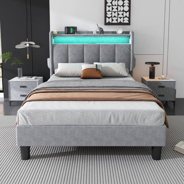 BTM Velvet Bed with Flip-Door Storage, LED & USB-C Charging in Grey - Size: Double - image 1