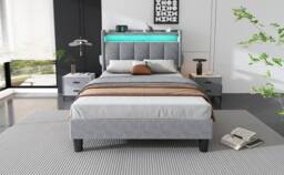 BTM Velvet Bed with Flip-Door Storage, LED & USB-C Charging in Grey - Size: Double - thumbnail 7