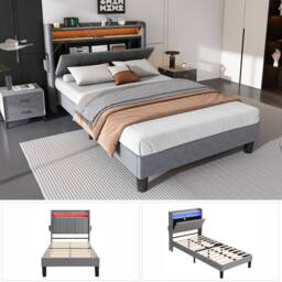 BTM Velvet Bed with Flip-Door Storage, LED & USB-C Charging in Grey - Size: Double - thumbnail 5