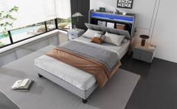 BTM Velvet Bed with Flip-Door Storage, LED & USB-C Charging in Grey - Size: Double - thumbnail 9