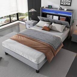 BTM Velvet Bed with Flip-Door Storage, LED & USB-C Charging in Grey - Size: Double - thumbnail 2