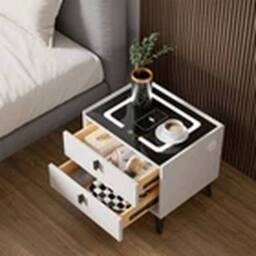 EONLION Smart LED Bedside Table with Wireless & USB Charging 2 Drawers Cabinet in White - thumbnail 3
