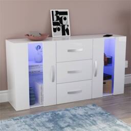 SPETLEK LED Sideboard 2 Door 3 Drawer Storage High Gloss TV Unit in White