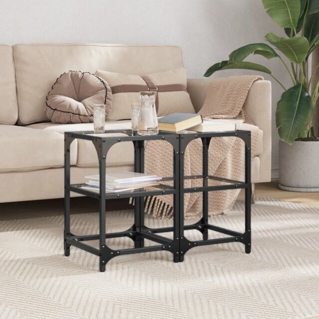Berkfield Home Coffee Tables with Transparent Glass Top 2 pcs 30x30x45 cm Steel in Black - Size: 30 x 30 x 45 cm - image 1