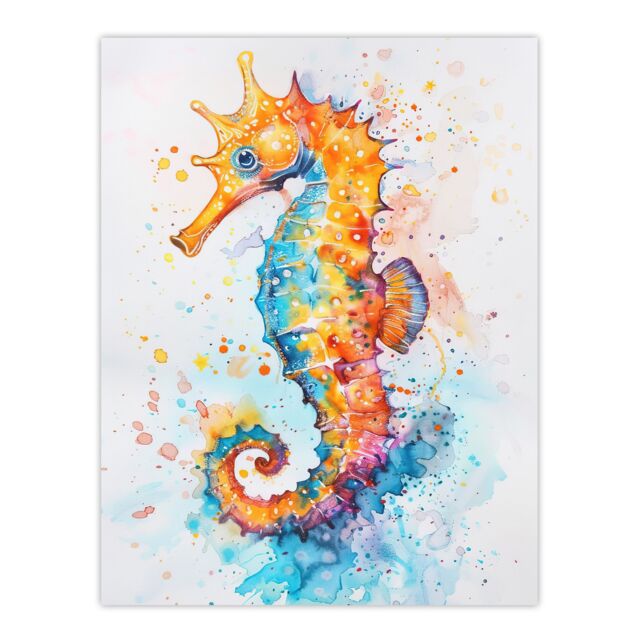 "Artery8 Cute Colourful Seahorse Bright Watercolour Wall Art Print in Orange - Size: W24"" x H32""" - image 1