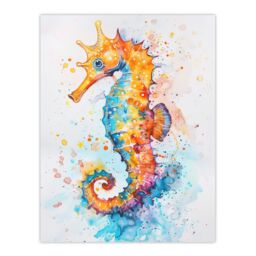 "Artery8 Cute Colourful Seahorse Bright Watercolour Wall Art Print in Orange - Size: W24"" x H32""" - thumbnail 1