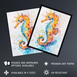 "Artery8 Cute Colourful Seahorse Bright Watercolour Wall Art Print in Orange - Size: W24"" x H32""" - thumbnail 2