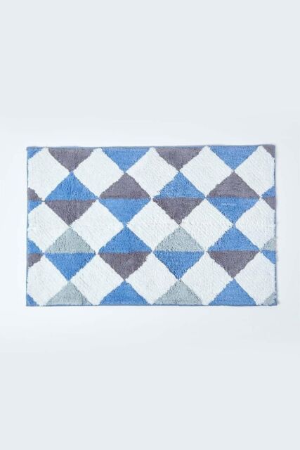 Homescapes Harlequin Pattern Yellow & Grey Cotton Bath Mat in Blue - image 1