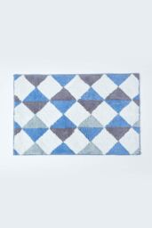 Homescapes Harlequin Pattern Yellow & Grey Cotton Bath Mat in Blue - thumbnail 1