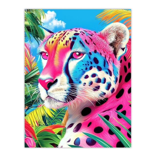 "Artery8 Cheetah Jungle Plants Colourful Animal Portrait Wall Art Print in Pink - Size: W24"" x H32""" - image 1