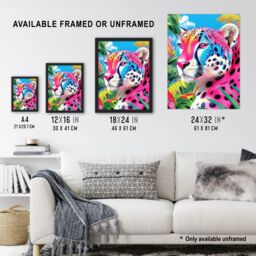 "Artery8 Cheetah Jungle Plants Colourful Animal Portrait Wall Art Print in Pink - Size: W24"" x H32""" - thumbnail 3