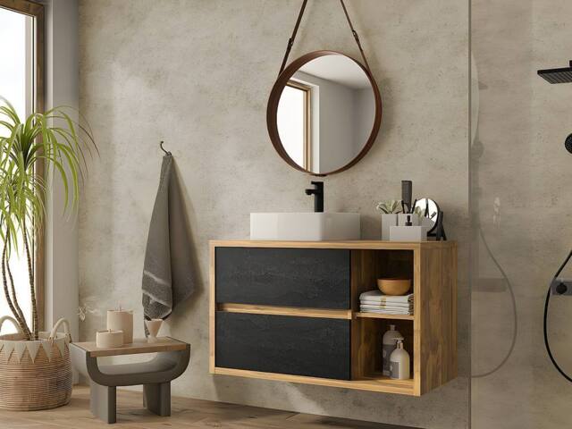 Vente-unique Wall-Hung Vanity Unit - Natural & Anthracite - 100 Cm - TIKITIKI in Light Oak - image 1