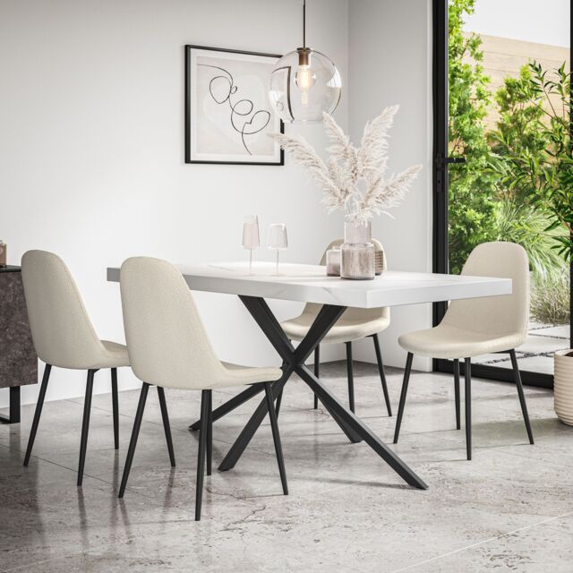 More4Homes Donni Dining Table & Chairs - White Marble Effect Table Top w Black Legs + Maya Boucle Dining Chair Set Of 4 in Ivory - image 1