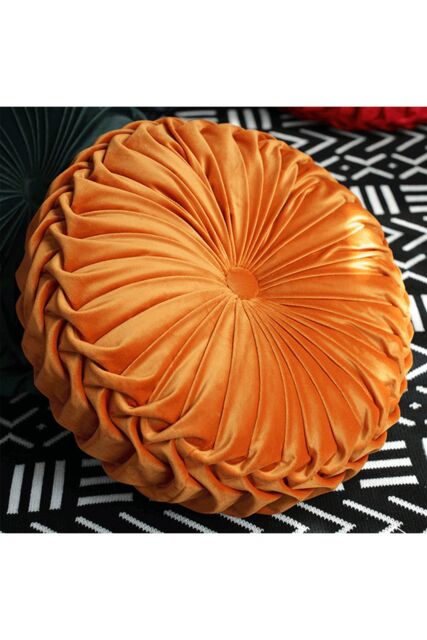Living and Home 45cm Round Throw Pillow Velvet Home Decoration Pleated Round Pillow Cushion in Orange - image 1